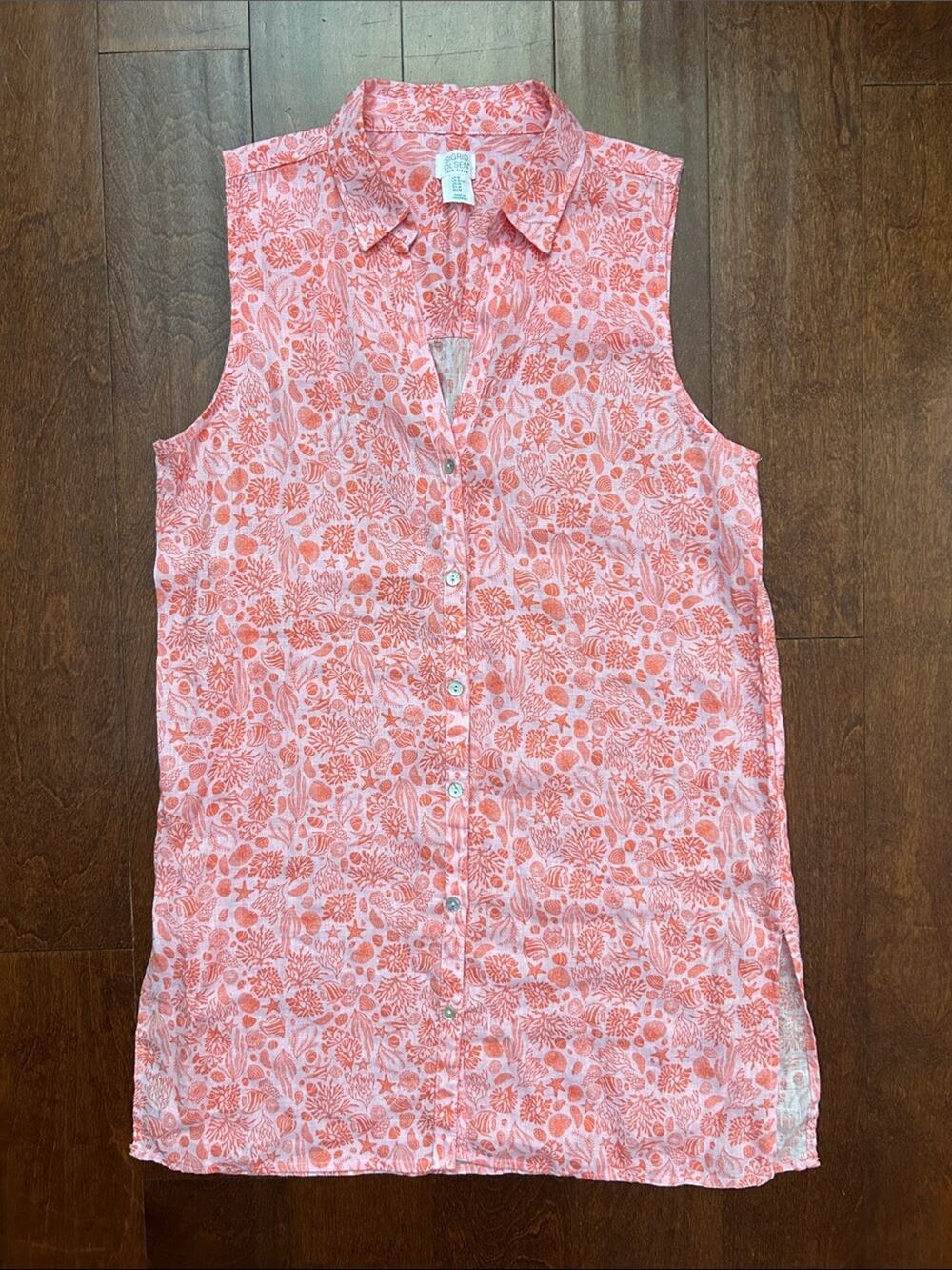 Sigrid Olsen 100% Linen Pink Coral Sleeveless Ocean Print Shirtdress, Size Med